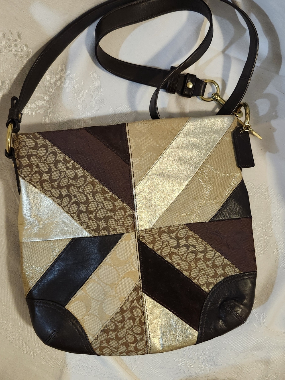Y2K Coach Suede Patchwork Crossbody Bag in Gold and Brown